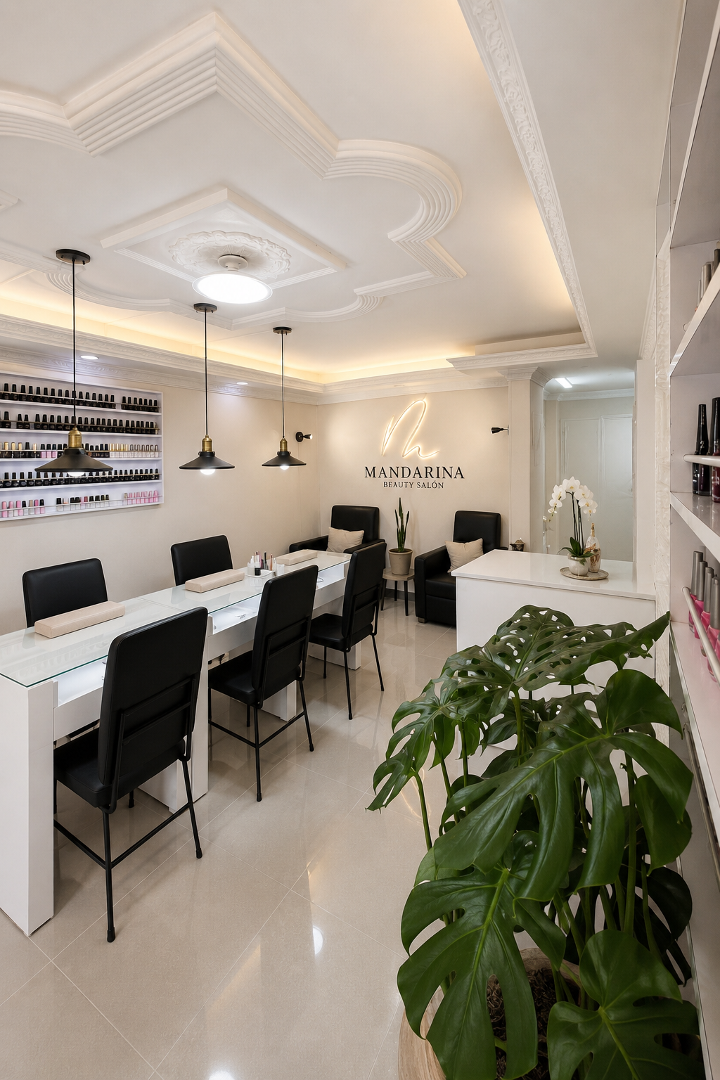 Interior editorial del salón Mandarina con luz cálida, mobiliario en madera y estaciones de belleza